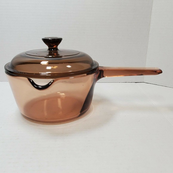 VTG Vision Corning Ware 1L Sauce Pan Pour Spout Pot Amber w/ Pyrex Lid USA - Picture 2 of 7